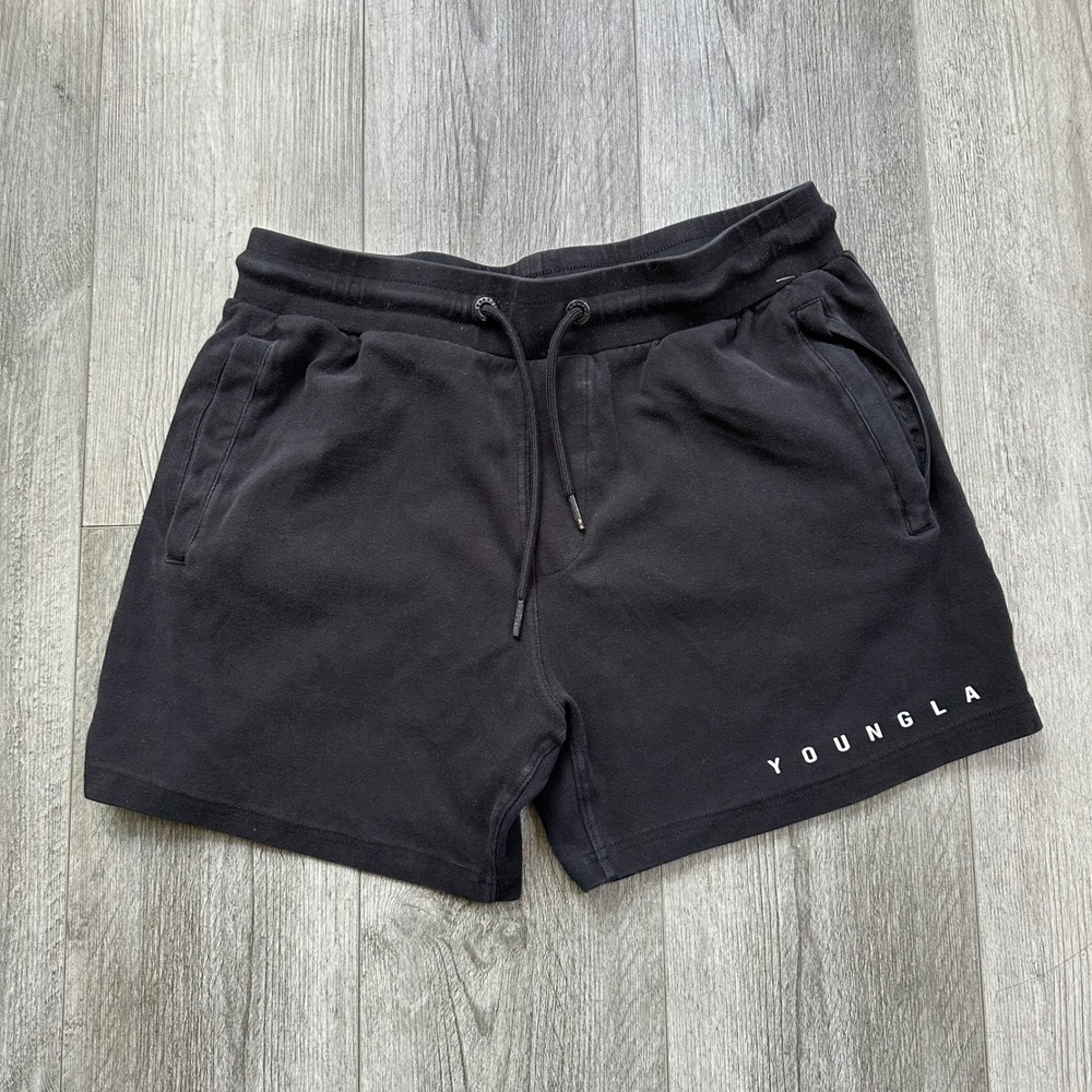 YoungLA Black Fleece Sweat Shorts Drawstring Men's Large zip pocket